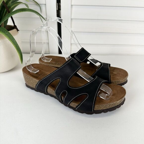 Sabatini Memory System Black Leather Slide Sandal Cork Wedge Shoes EU 38 US 7.5 - Picture 2 of 8